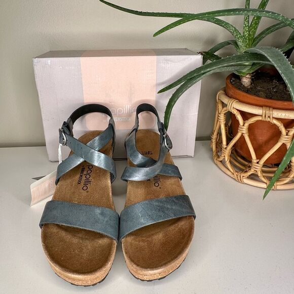 Birkenstock Papillio Sibyl Ring Buckle Metallic Black Leather Wedge Sandals 11 - Picture 4 of 12